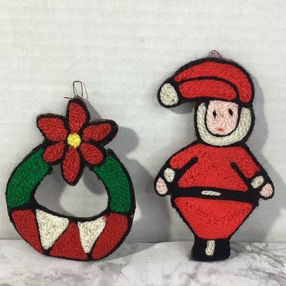 Handmade Other - Vintage Handmade Yarn Wrapped Christmas Ornaments Santa and Wreath Set of 2